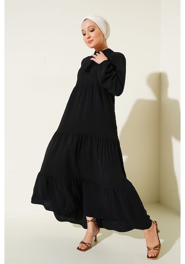 1627 Yaka Bağcıklı Tesettür Elbise - Siyah 001