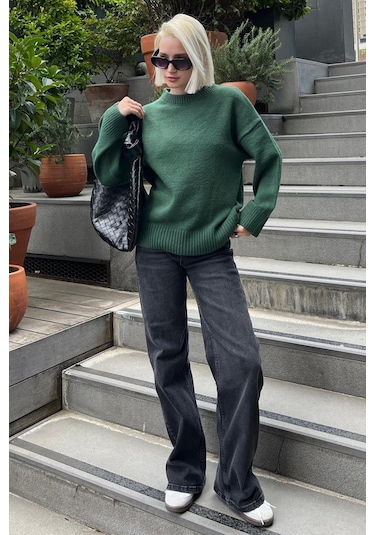 Madmext Madmext Bisiklet Yaka Oversize Triko Kazak MG1972 Yeşil