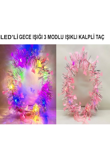 Kalp Püsküllü Gece Parıltısı 3 Modlu Led Li Işıklı Taç Pembe Renk