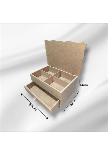 Ahşap-boyanabilir-4bölmeli-1çekmeceli- Takı-makyaj-organizer Kutu
