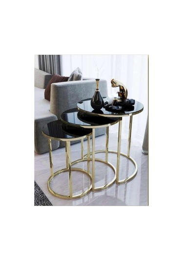 3' Lü Set C Zigon Gold Sehpa Siyah Aynalı Gold - Siyah