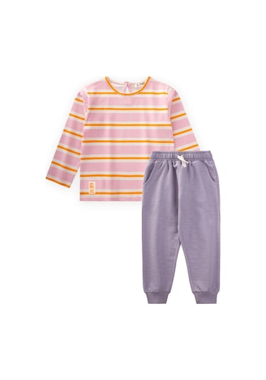 Çizgili Uzun Kollu T-shırt Takım 2-12 Yaş Pembe Turuncu Çizgili Pembe