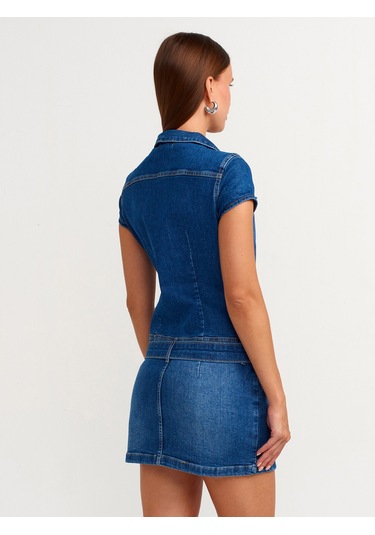 Dilvin Düğmeli Denim Mini Elbise Mavi