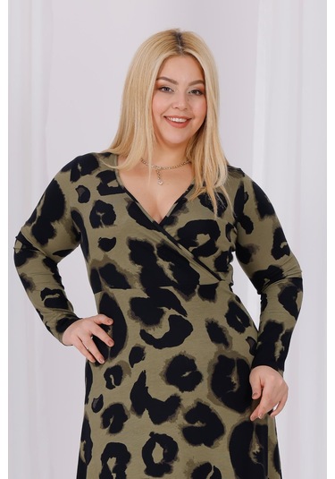 Kadın Haki Yeşil Leopar Desen Kruvaze Yaka Büyük Beden Esnek Maxi Elbise Haki