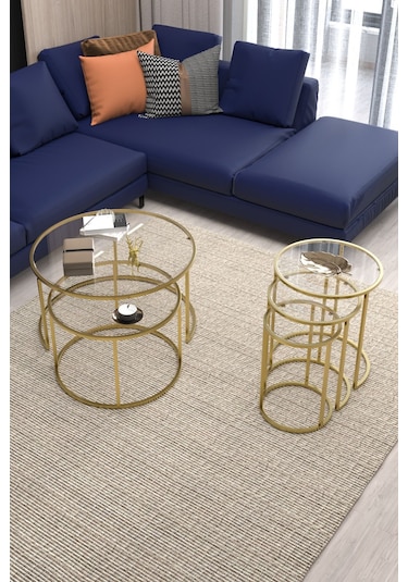 Belarus Orta Sehpa Gold 60cm & Alya Gold Zigon Sehpa Şeffaf Cam