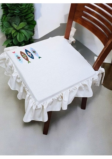 El Yapımı Buldan Yıkanmıs Keten Balık Nakıslı Fırfırlı Sandalye Minderi Naturel