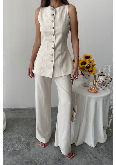 Sensuelle Keten Yelek - Pantolon Takım - Taş Altın