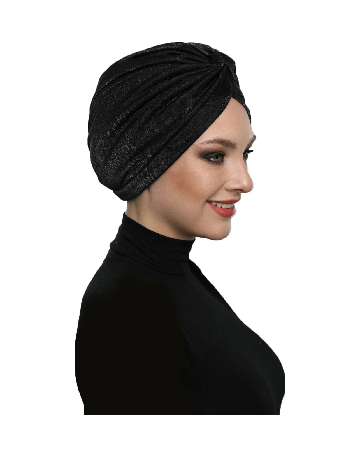 Simli Pike Çapraz Bantlı Astarlı Siyah Hazır Türban Tesettür Bone Abiye Siyah