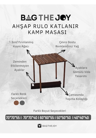 Bag The Joy Ahşap Katlanır Kamp Masası Kahverengi 50 x 50 x 50 CM Kahverengi