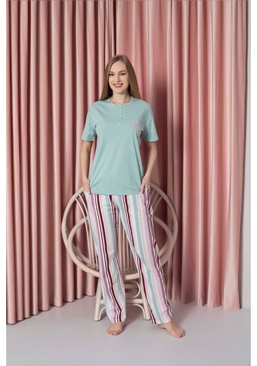 Ahengim Kadın Pijama Takımı Süprem Kısa Kollu Alt Çizgili Göğüs Nakışlı Pamuklu W20722328 Mint Ahengim Kadın Pijama Takımı Süprem Kısa Kollu Alt Çizgili Göğüs Nakışlı Pamuklu W20722328 Mint