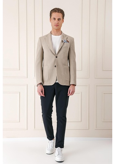 Comfort Fit Torba Cep Şeritli Dokuma Pamuk Casual Taş Ceket C 670 Taş