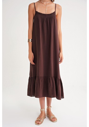 4740 Kadın Askılı Müslin Midi Elbise Kahve Kahve
