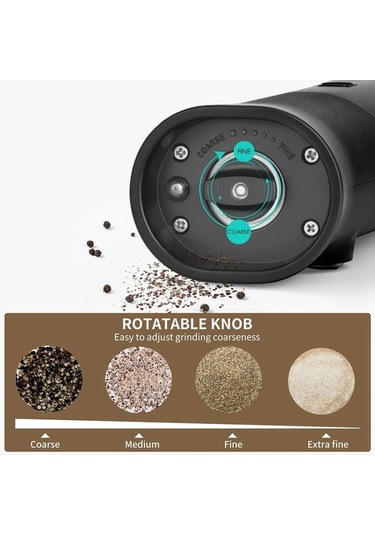 Sones Yerçekimi İndüksiyonlu Elektrikli Tuz Ve Karabiber Öğütücü Led Işıklı Ayarlanabilir Kaba Öğütücü Siyah