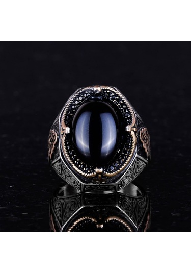 Gerçek Doğal Oniks Taş Yüzük - 925 Ayar Sert Gümüş Erkek Yüzüğü Gümüş