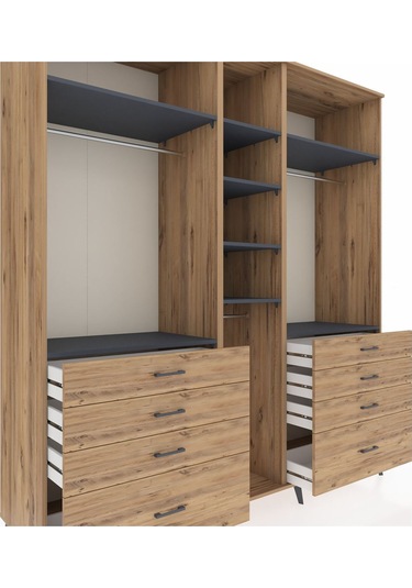Kronos Dolap 8 Raflı 8 Çekmeceli 3 Askılı 220x59x243 Çam-antrasit/çam Antrasıt/atlas Çam
