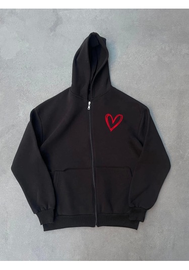 Leyla Sanat Sanata Yeni Bir Bakış Açısı Üç İplik Baskılı Fermuarlı Kapşonlu Hırka - Siyah Siyah