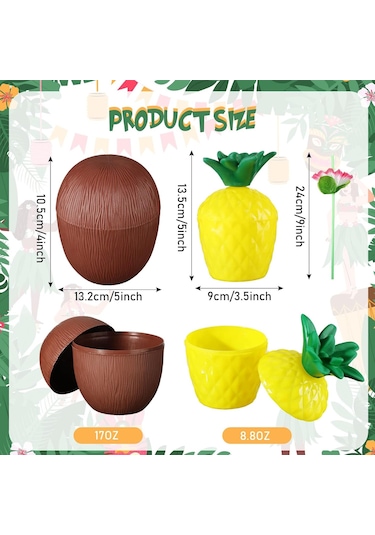 Ananas Hindistan Cevizi Tasarımlı Pipetli Bardak Seti 6 Adet Renkli