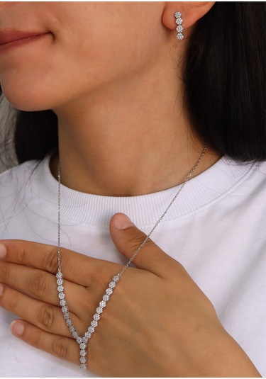 Zirkon Taşlı Yuvarlak Model 925 Ayar Gümüş İkili Set 201024691 Gümüş