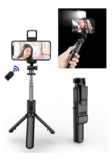 Led Işıklı Kablosuz Bluetooth Selfie Tripod 100 Cm Katlanabilir Monopod Telefon & Gopro Uyumlu