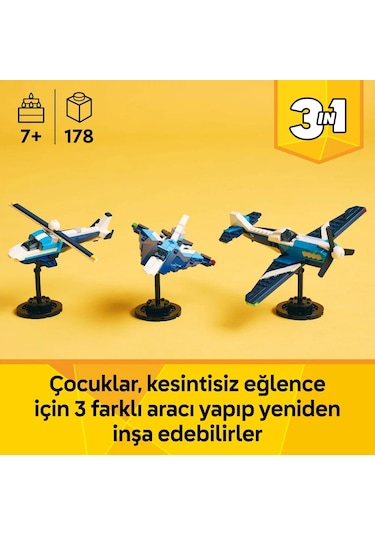LEGO® Creator 3’ü 1 Arada Uçak: Yarış Uçağı 31160 - 7 Yaş ve Üzeri Çocuklar için Jet veya Helikoptere Dönüşebilen Oyuncak Yapım Seti (178P)