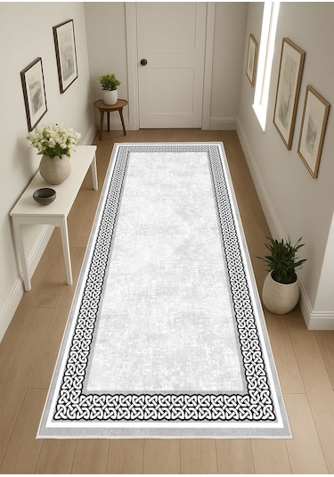 Gri Dijital Baskı Salon Halısı Kaymaz Tabanlı Yıkanabilir Halı Yolluk 531 Gri