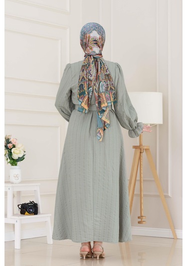 Kolu Volanlı Kemerli Henna Elbise-mint Yeşili-5055 Mint Yeşili