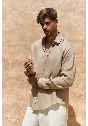 Mai Collection Mai Studios Co. Agnola Oversize Erkek Bej Keten Gömlek Bej