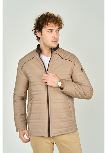 Lucas Erkek Dik Yaka Deri Biyeli Kapitone Mont 4706 Camel Camel