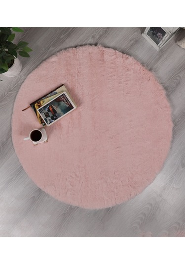 Dekoratif Tavşan Tüyü Ultra Yumuşak Peluş Yuvarlak Halı Pembe