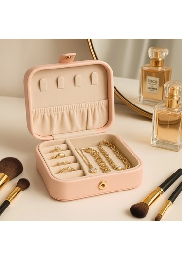 Deri Mini Baklava Desenli Seyahat Takı Bijuteri Mücevher Kutusu Organizer Düzenleyici 11,5cm Pembe İ