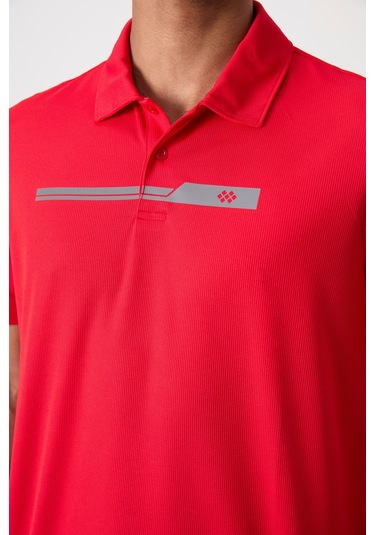 Kırmızı Nefes Alan Dokulu İnce Esnek Standart Fit Polo Yaka Erkek Performans T-shirt - 88393 Kırmızı