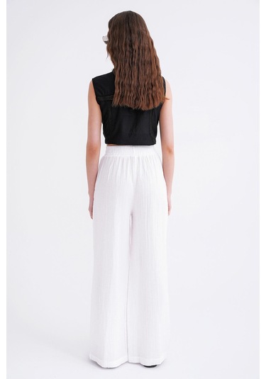 4286 Kadın Bol Paça Beli Lastikli Müslin Palazzo Pantolon Beyaz Beyaz