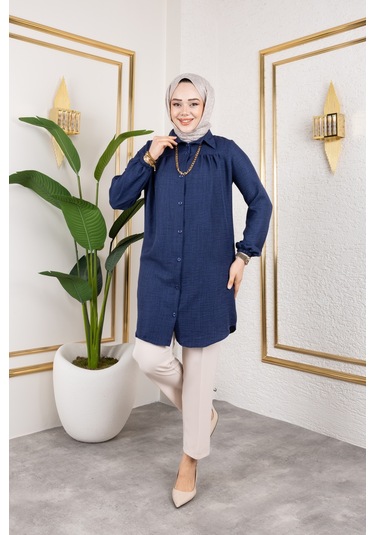 Önü Büzgülü Bilek Lastikli Tunik - Lacivert / Ü104 Lacivert