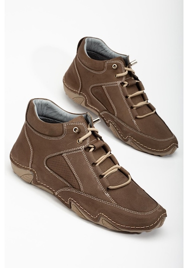 Hakiki Deri Nubuk Erkek Bot Vizon Elastik Bağcıklı Saraçlı Taban-3487 Vizon