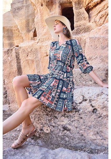 Monamise 23064 Kadın Etnik Desen Truvakar Kol V Yaka Elbise-lacivert Lacivert