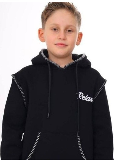 Erkek Çocuk Kapüşonlu Biye Detaylı Şardonlu Kalın Tasarım Sweatshirt-15196 Siyah