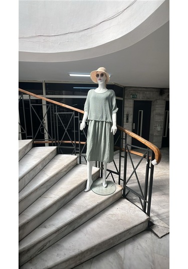 İtalyan Müslin Keteni Üstü File Bluzlu Astarlı Tek Parça Elbise-9256 Su Yeşili