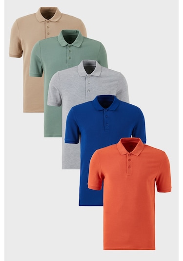 Buratti Pamuklu Regular Fit Düğmeli Polo Yaka 5'Li Paket Erkek T Shirt 5902127S5 Gri Melanj-Saks-Tarçın-Vizon-Elma Yeşili
