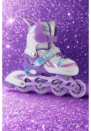 Melek Kanatlı Işıklı Çocuk Pateni Silikon Teker Ayarlanabilir Paten Taşıma Çantalı Lila Lila Mor