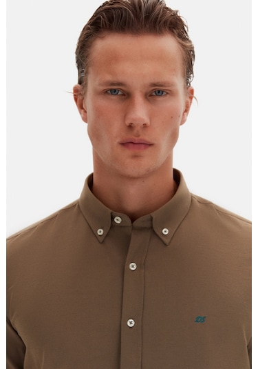 Ds Damat Slim Fit Haki Oxford Düğmeli Yaka Kolay Ütülenebilir Nakış Detaylı Pamuklu Gömlek 4HC02ORT03265 Haki