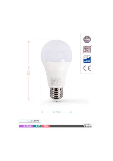 ACK LED A60 Ampul 6500K Beyaz Işık 220V 12W E27