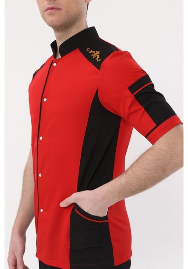 Uniprom Kısa Kollu Aşçı Ceketi Önlük Omuz Nakışlı Cepli Şef, Garson Kırmızı Siyah