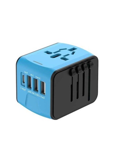 Fastbuy Mavi Evrensel Seyahat Şarj Aleti - 4 Usb 3 Usb-a + 1 Type-c Hızlı Şarj, 150+ Ülke Uyumlu, 5 Cihazı Eşzamanlı Şarj, Ha