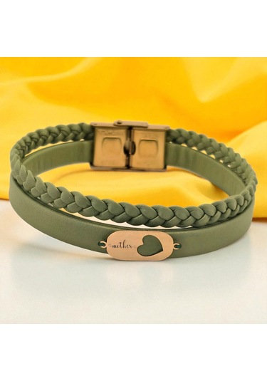 Archin Anne Temalı 14 Ayar Altın Plakalı Zeytin Yeşili Derili Kalp Motifli Hediye Bileklik-556sembol Anne