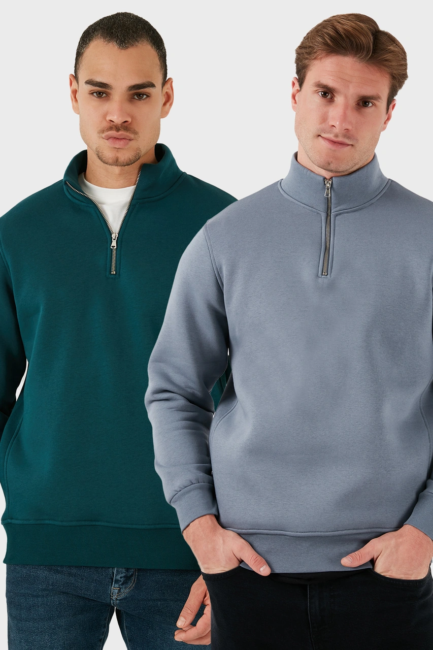 Buratti Pamuklu Regular Fit Dik Yaka 2'Li Paket Erkek Sweat 59052592S2 Koyu Gri-Petrol