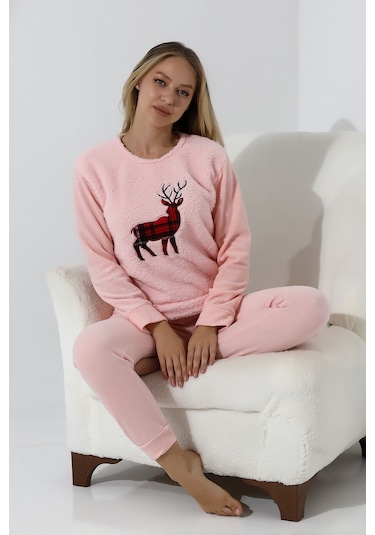 Fawn 5016 Peluş Welsoft Polar Kışlık Yumoş Geyikli Kadın Pijama Takımı - Pembe