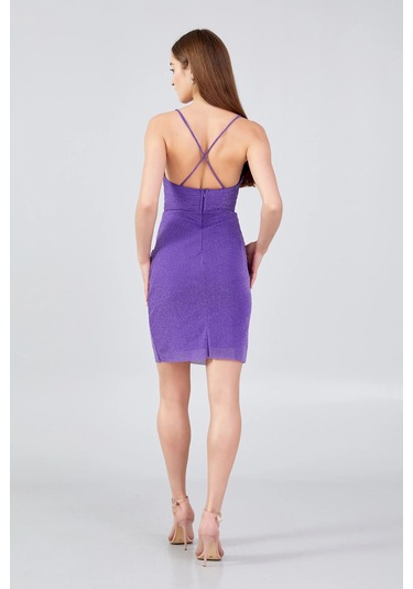 Doridorca Kadın İp Askılı Tül Mini Abiye Elbise 5077 Mor Mor