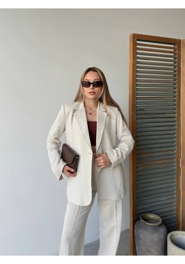 Keten Ceket Pantolon Ikili Takım - Beyaz Beyaz