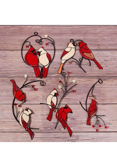 Neevoyu Kırmızı Kardinal Kuşu Cam Vitray Pencere Asmaca, Ev Bahçe Dekorasyonu, Anma Hediyesi, Demir Çelik Açık Desenli