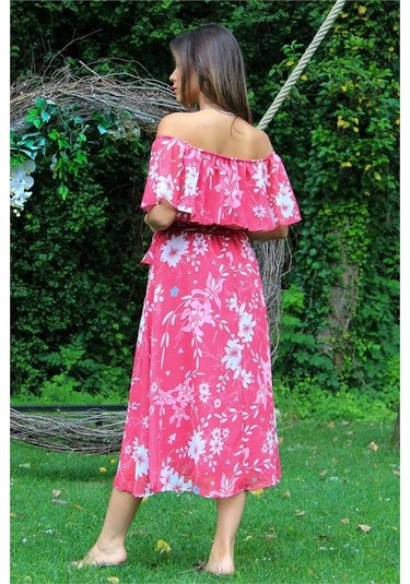 Neşeli Butik Kadın Fuşya Bağlama Detaylı Madonna Yaka Şifon Elbise Nb100371 Fuşya